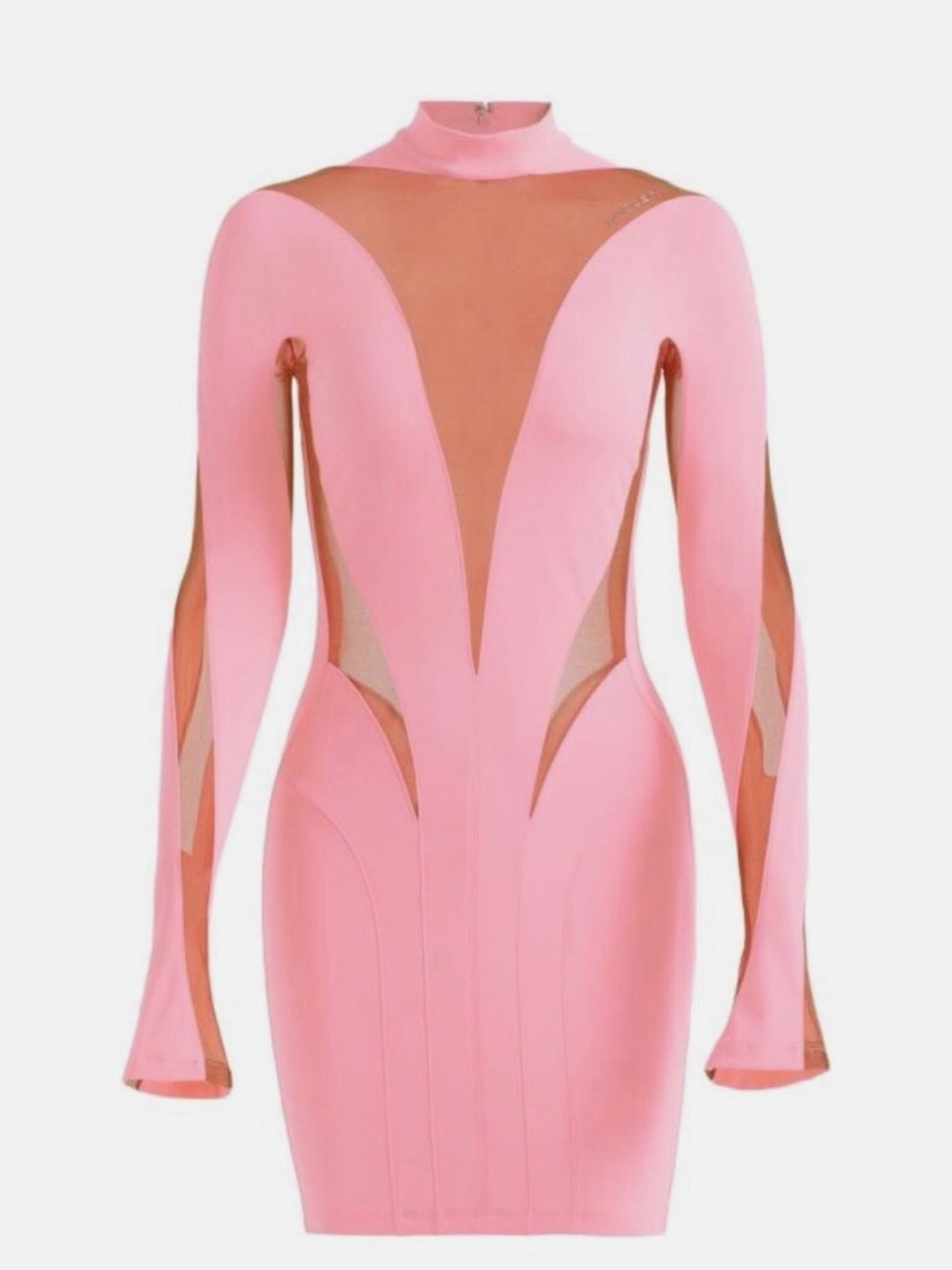Mugler Pink Mesh-Inset Long Sleeve Bodycon Dress
